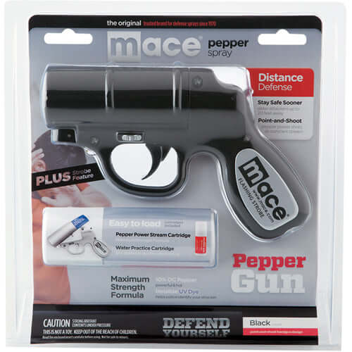 Mace Pepper Gun Distance Defense Spray with STROBE LED, Matte Black Package Front