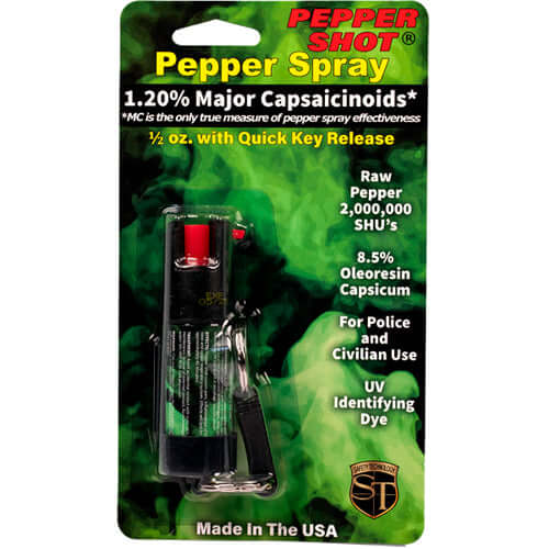 Pepper Shot 1.2% MC 1/2 oz pepper spray belt clip and quick release keychain - Package Front