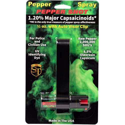 Pepper Shot 1.2% MC 1/2 oz w/auto visor clip - Package Front