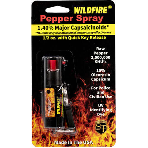 Wildfire 1.4% MC 1/2 oz pepper spray belt clip and quick release keychain - Package