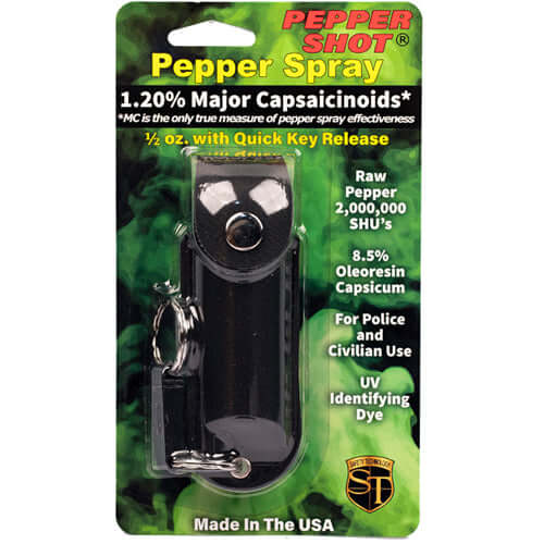 Pepper Shot 1.2% MC 1/2 oz pepper spray fashion leatherette holster and quick release keychain