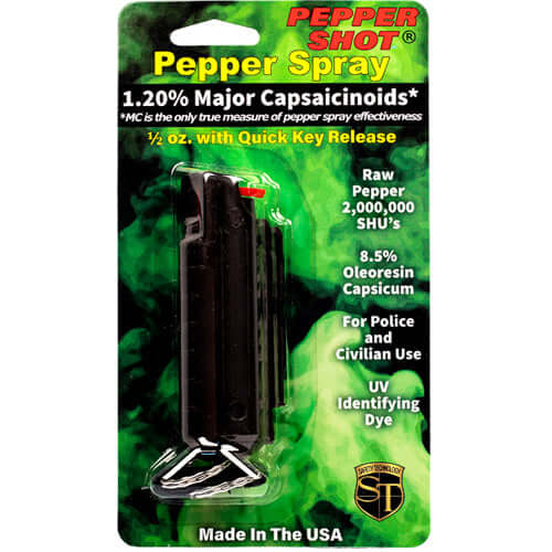 Pepper Shot 1.2% MC 1/2 oz pepper spray hard case belt clip and quick release keychain - 1