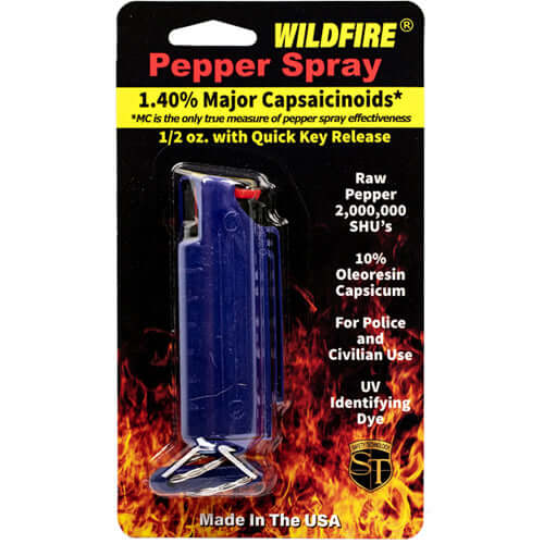 Wildfire 1.4% MC 1/2 oz pepper spray hard case with quick release keychain - Package Blue