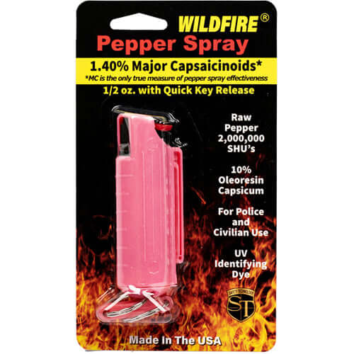 Wildfire 1.4% MC 1/2 oz pepper spray hard case with quick release keychain - Package Pink