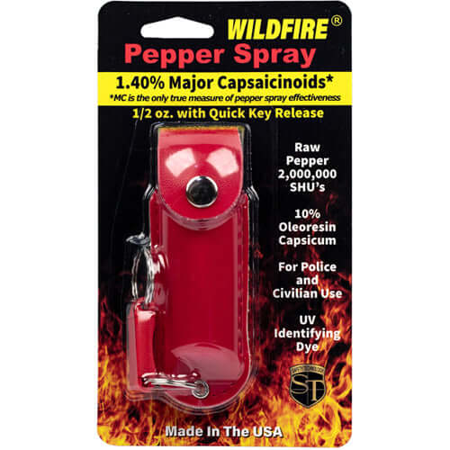Wildfire 1.4% MC 1/2 oz pepper spray fashion leatherette holster and quick release keychain - Red Package